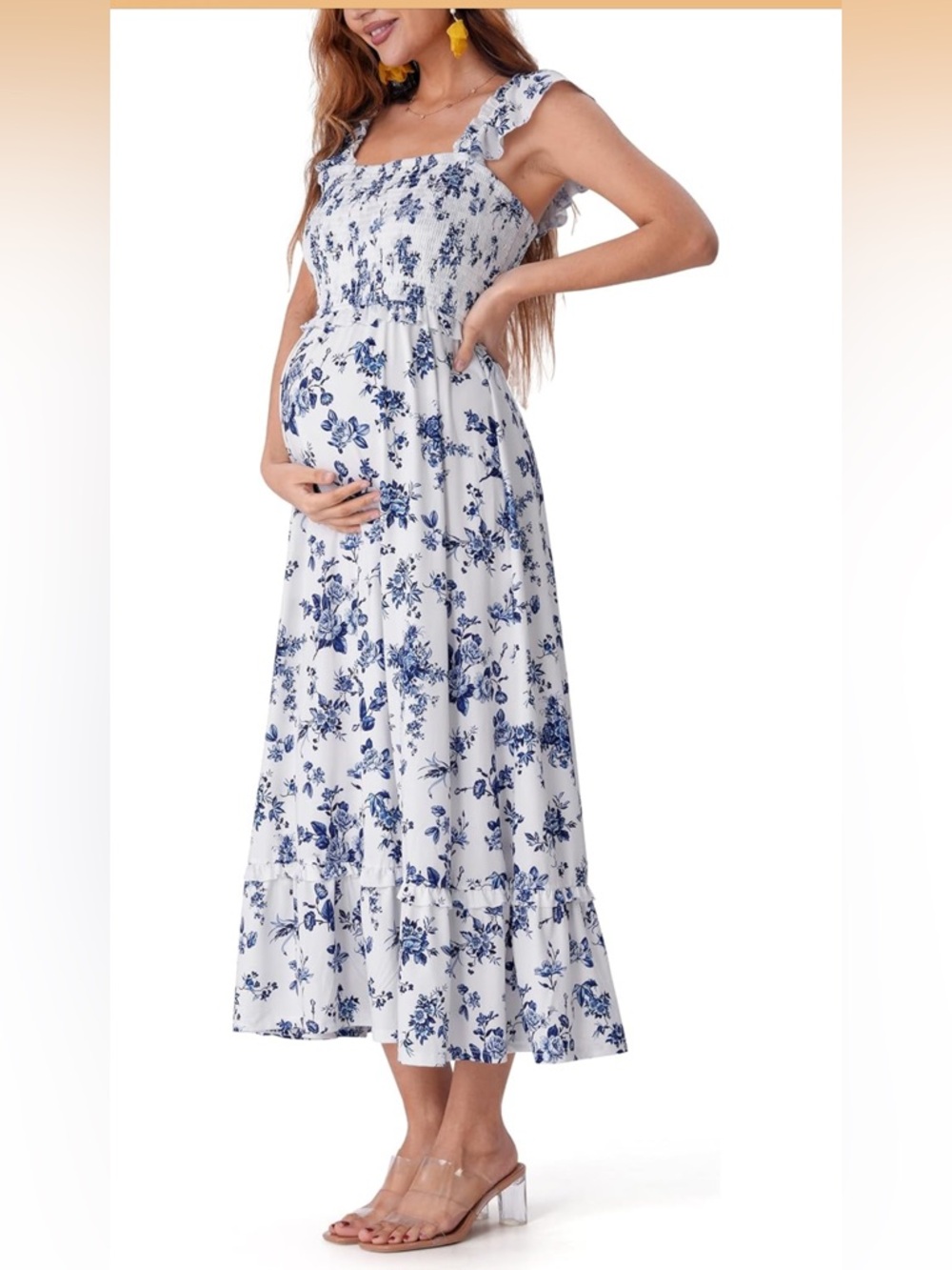 Floral Blue & White Maternity Maxi Dress